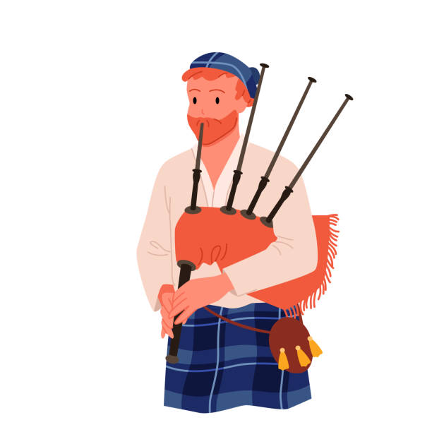 전통적인 음악 멜로디를 연주하는 퀼트의 스코틀랜드 남자 백 파이퍼, 백파이프가있는 스코틀랜드 남자 - celtic culture audio stock illustrations