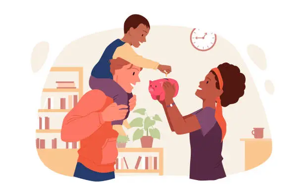 Vector illustration of Happy family putting money in piggy bank