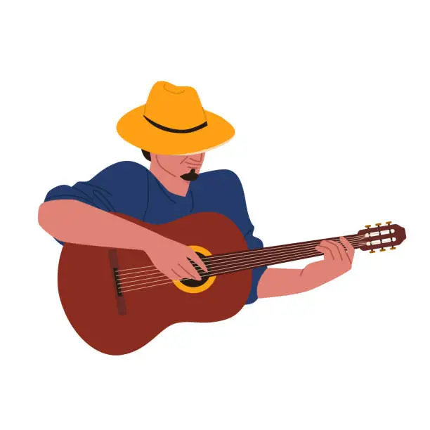 Vector illustration of Man playing acoustic guitar, male guitarist in hat sitting, holding musical instrument