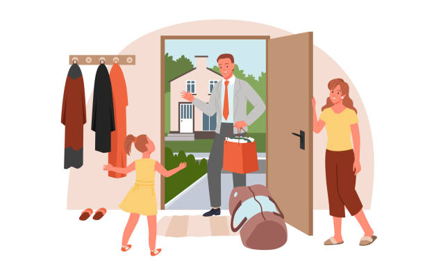 счастливая семейная встреча мужчины дома, дочь бежит к отцу, стоящему с сумками - door opening women doorway stock illustrations