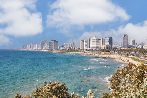Tel Aviv, Israel - June 3, 2022: Panorama of Tel Aviv coastal strip Mediterranean Sea with hotels from old Jaffa.