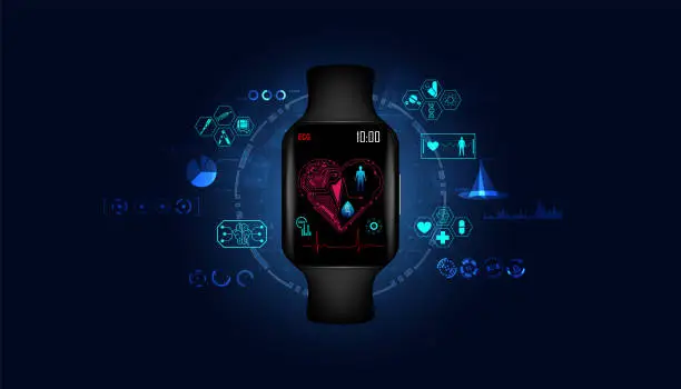 Vector illustration of Abstract Black smart watch icon Healthcare includes Medical Medicine ECG Blood oxygen level concept, modern medical technology and modern care equipment.