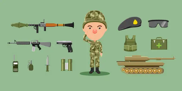 Vector illustration of Soldier dress up constructor set you can choose costume and accessories. Cartoon vector illustration character design