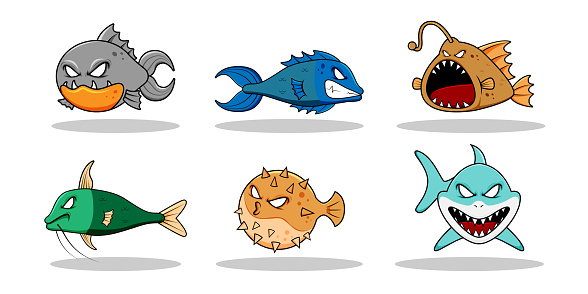 Vector monster fish character design for graphic designer make card, website, banner, brochure, leaflet, placard, and print. Set contains monster fish in various pose and emotion