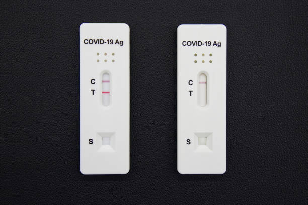 Positive and negative test result of Covid-19 antigen test kits isolated on black background. Coronavirus protective concept stock photo