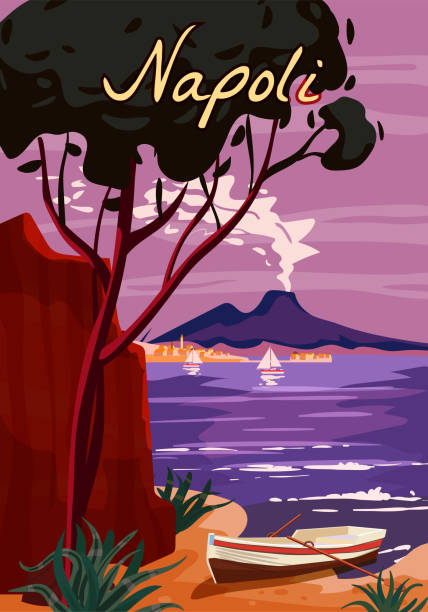 naples retro poster italia. mediterranean sea boat, smoke volcano vesuvius, coast, rock. vector illustration postcard - napoli 幅插畫檔、美工圖案、卡通及圖標