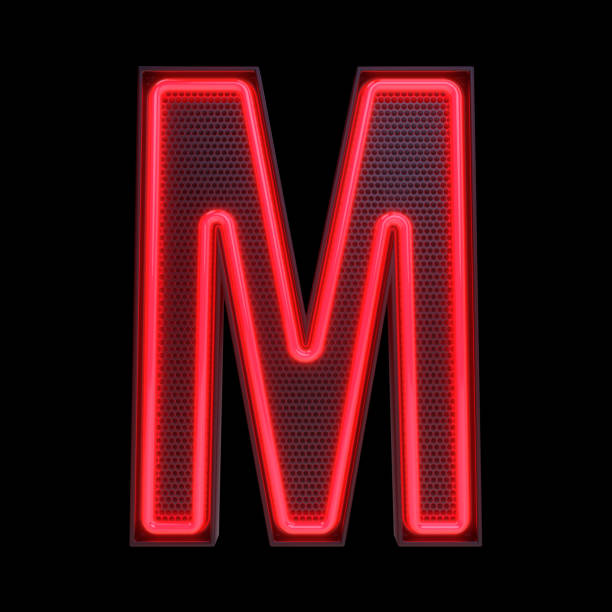 Neon retro Light Alphabet letter M isolated on a black background with Clipping Path. 3d illustration.