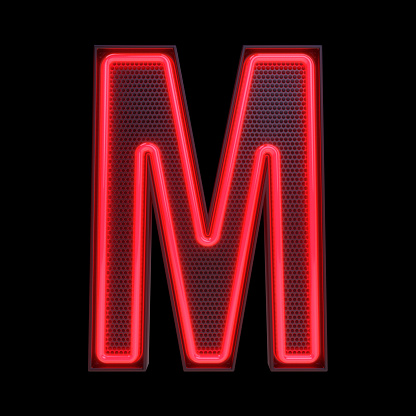 Neon retro Light Alphabet letter M isolated on a black background with Clipping Path. 3d illustration.
