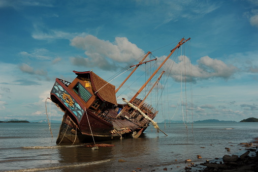 View of the shipwreck a monument of lanta island. Krabi, Thailand