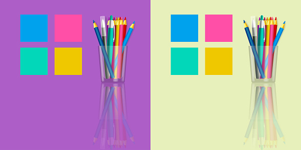 Color sticky notes and pencils in a glass. Color pencils in a realistic style. Back to school design