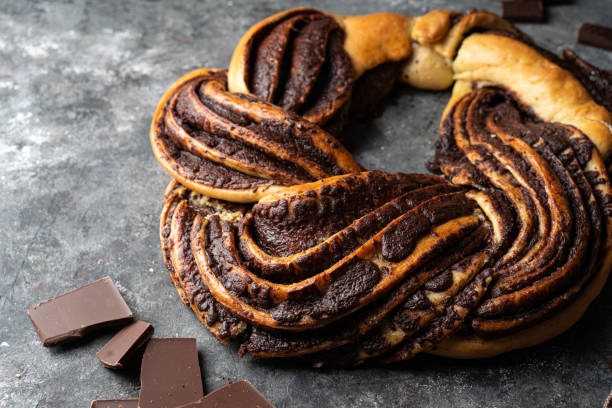 Traditional sweet chocolate baking bread- cake chocolate babka stock photo
