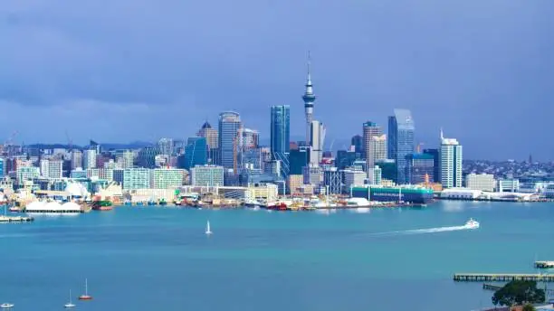 Downtown Auckland captured in one frame in winter, during day from across the city center