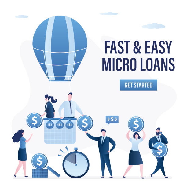 Fast and easy micro loans, landing page template. Group of bank clerks flying on hot balloon and give money to clients. Business People takes financial support, credits. vector art illustration