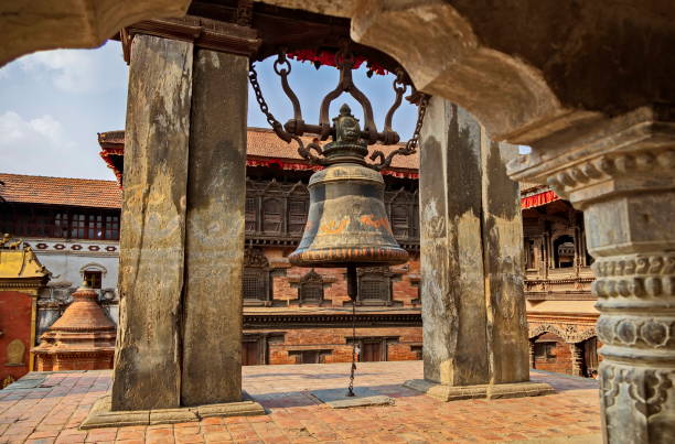 Bhaktapur durbar square with Taleju Bell in the foreground, Kathmandu valley, Nepal stock photo