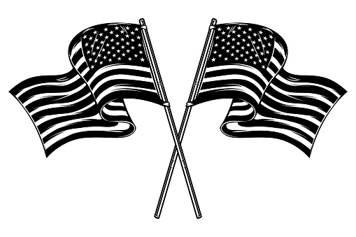 Illustration of crossed american flags. Design element for poster, card, banner, sign. Vector illustration