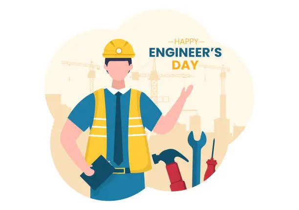 Vector illustration of Happy Engineers Day Illustration Commemorative for Engineer with Worker, Helmet and Tools of in Flat Style Cartoon