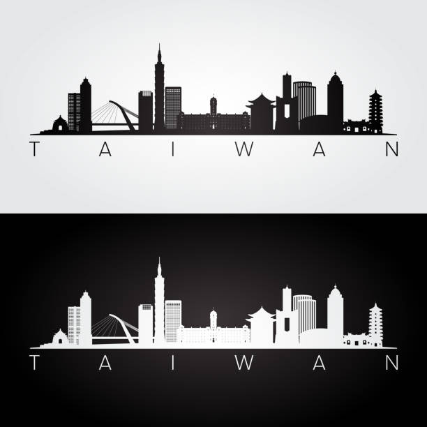 sylwetka panoramy tajwanu i punktów orientacyjnych, czarno-biały design, ilustracja wektorowa. - backgrounds cityscape taipei taiwan stock illustrations