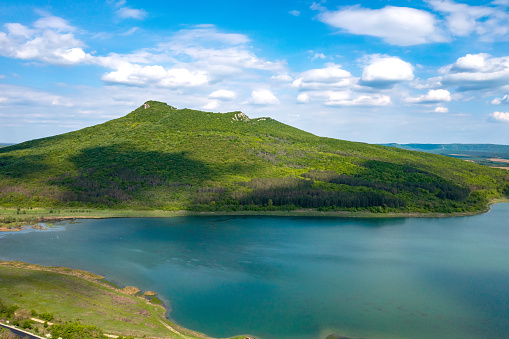 Aerial view from drone of a lake among hills
