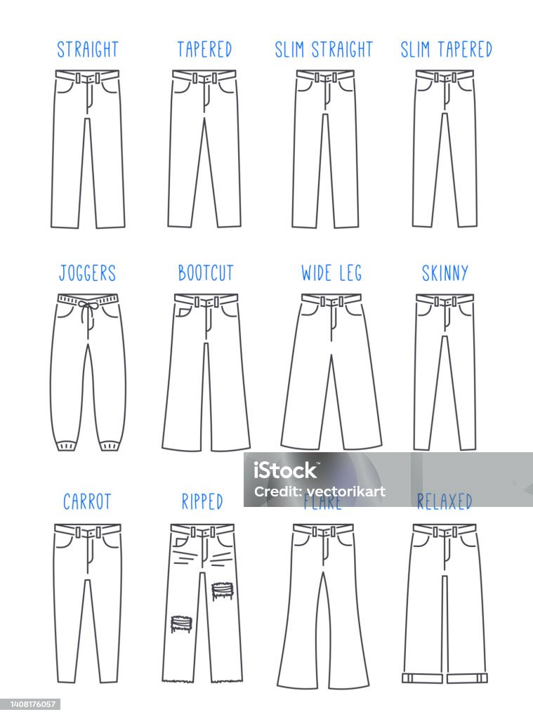 Ilustración de Pantalones Vaqueros Para Hombre Pantalones Vaqueros Ajuste Tipos De Línea Iconos y más Libres de de - iStock