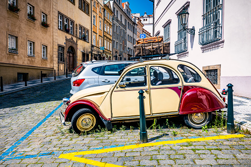 Beautifull antique car on Prague street. Czech Republic, Prague, Stare Mesto, end of july 2021.