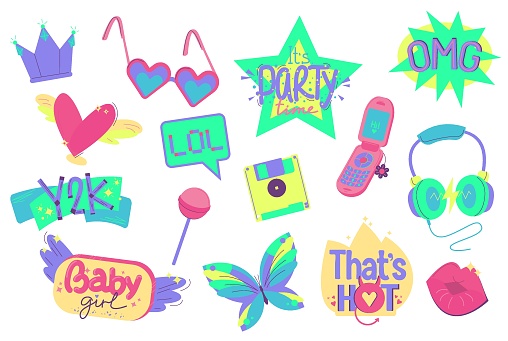 Y2K colorful stickers set. Late 90s early 2000s. Trendy, free, bubbly, fun aesthetic. Nostalgia concept. Editable vector illustration in pink, lime, violett colors. Bright icons, signs collection