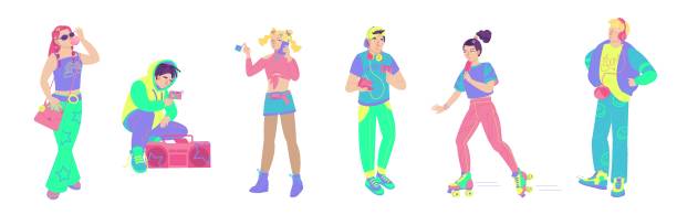 ilustrações de stock, clip art, desenhos animados e ícones de y2k young people figures set. editable vector illustration - roller skate
