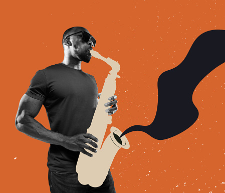 Excited man playing hand-drawn saxophone on orange color background. Modern design. Conceptual, contemporary art collage. Soul music, festival, ad. Retro styled, surrealism, fashionable.