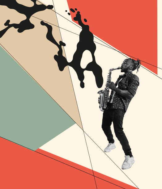 istock Young stylish man playing saxophone on absract background. Modern design. Conceptual, contemporary art collage. Soul music, festival, ad 1408177162