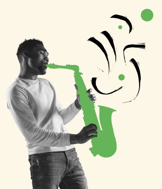 istock Excited man playing hand-drawn saxophone on light background. Modern design. Conceptual, contemporary art collage. Soul music, festival, ad 1408177164