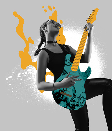Contemporary art collage of young woman palying hand-drawn guitar isolated over light background. Music, festival, event, party concept. Concept of creativity, inspiration