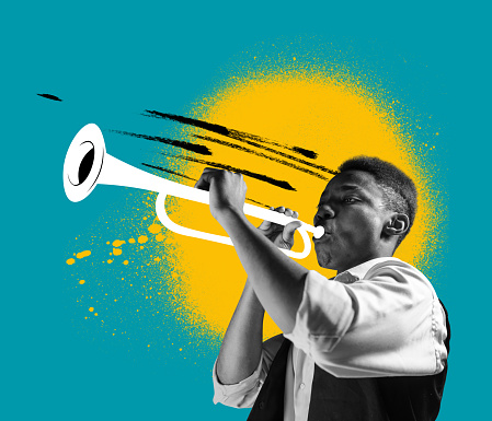 Jazz. Lovely sounds. Contemporary art collage of young stylish man playing hand-drawn trumpet isolated over blue-yellow background. Concept of music, inspiration, imagination, ad