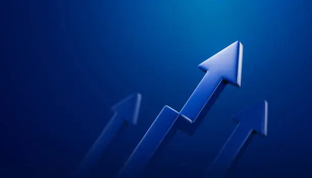 Growth three arrow on business 3d background with success strategy goal financial market direction chart or improvement profit graph symbol and development forward marketing economy leadership team.
