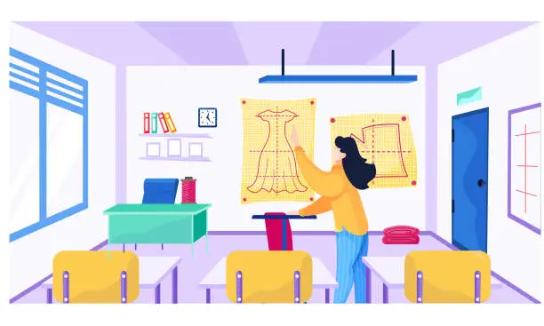 Vector illustration of Female teacher at school for seamstresses explains topic. Drawing and pattern building lesson