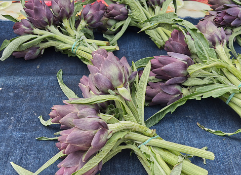 Fresh artichokes on the white wooden table