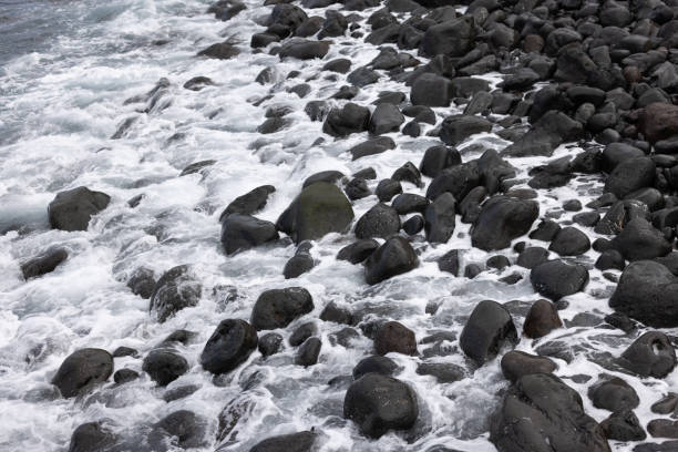 Black volcanic stones washed by white foamy wave. Natural background.