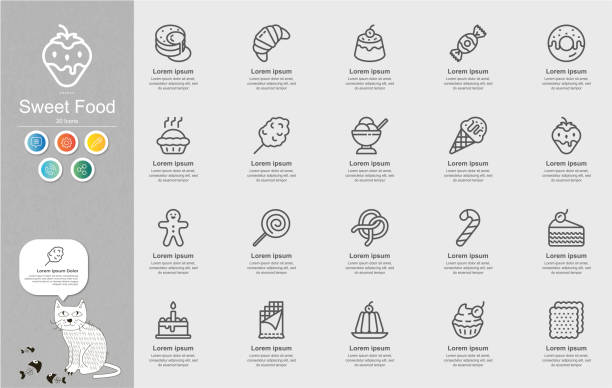 달콤한 음식 라인 아이콘 콘텐츠 인포그래픽 - cupcake set food and drink metal stock illustrations