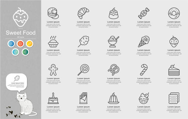 sweet food line иконки контент инфографика - cupcake set food and drink metal stock illustrations