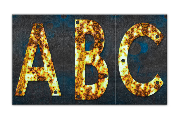 istock Letter A.B.C. Alphabet from letters, from rusty iron, on a wooden plank. Isolated on white background. Education. Design 1408182717