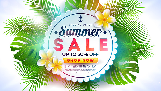 Summer Sale Design with Flower and Exotic Palm Leaves on Tropical Floral Plants Background. Summer Special Offer Vector Illustration for Coupon, Voucher, Banner, Flyer, Promotional Poster, Invitation or Greeting Card