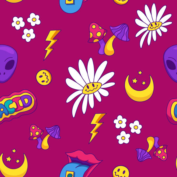 Psychedelic acid rave seamless pattern. Trippy mushroom and smiley emoticon art concept in retro style for print. Vector cartoon illustration Psychedelic acid rave seamless pattern. Trippy mushroom and smiley emoticon art concept in retro style for print. Vector cartoon illustration fool moon stock illustrations