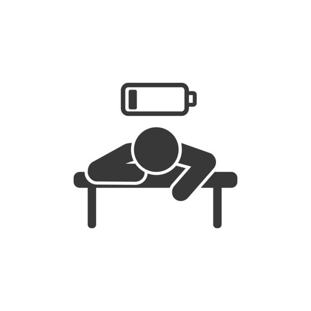 уставший человек на рабочем месте, иконка усталости или выгорания, низкий уровень энергии в рабочей батарее, измученный и сонный человек, р� - exhaustion stock illustrations