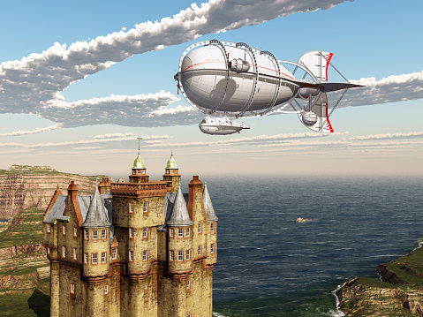 Computer generated 3D illustration with a fantasy airship over a scottish castle