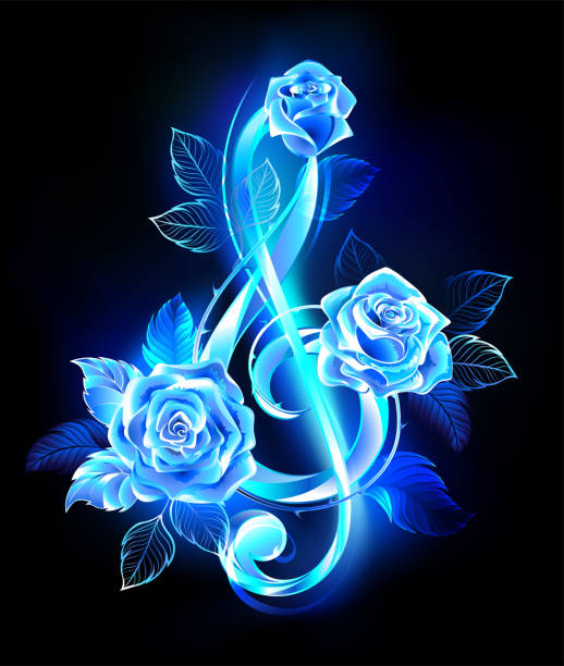 Fiery treble clef with blue roses Blue flame musical treble clef decorated with blooming blue, glowing roses on black background. blue rose against black background stock illustrations