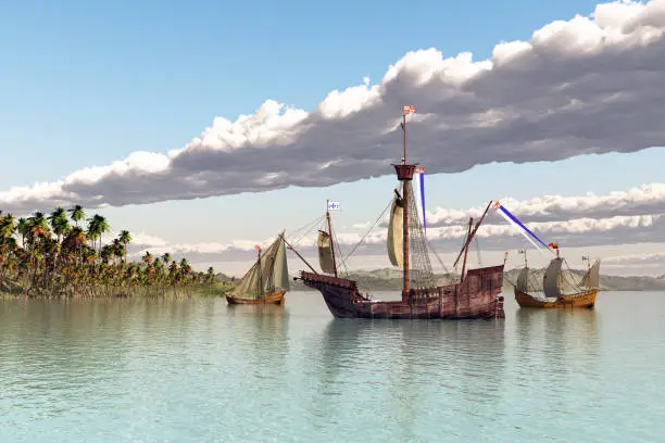 Computer generated 3D illustration with the ships Santa Maria, Nina and Pinta of Christopher Columbus in front of an island