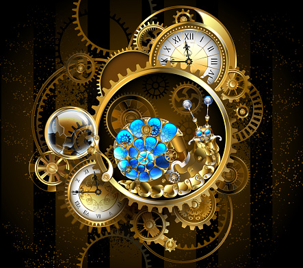 Clockwork made of antique dials, brass and gold gears, magnifying lens, slowed down by mechanical snail with blue glass shell. Steampunk style.