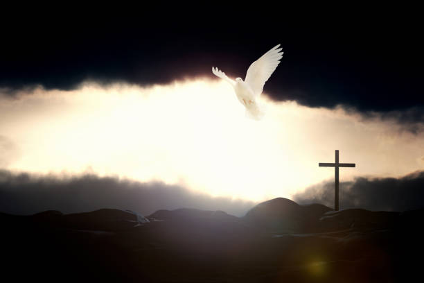 istock Majestic sky and clouds bright light and dove and cross 1408186525