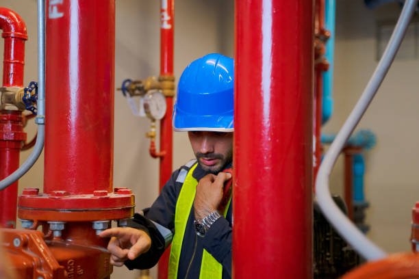 Engineer is working on the roof of building. Surrounding with high building. Engineer is working on the roof of building. Surrounding with high building. Construction, engineer and city concept. basement construction site construction blueprint stock pictures, royalty-free photos & images