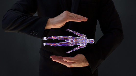 The picture showing the skeletal structure of human body on virtual simulator. A human anatomy image created with x-ray images. / You can see the animation movie of this image from my iStock video portfolio. Video number: 1407716567