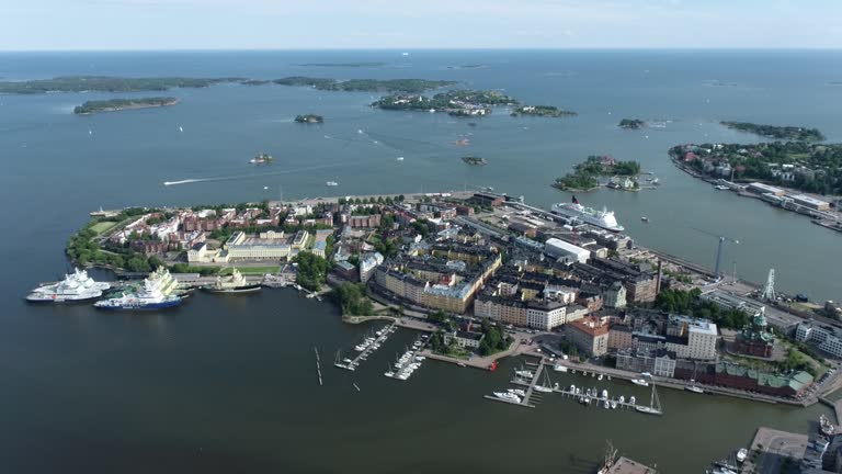 Katajanokka area in Helsinki, Finland. Beautiful Cityscape with Harbour and Sea in Background. Drone Point of View.