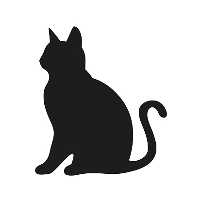 Black cat silhouette. The cat is sitting. Domestic cat on an isolated background. Vector illustration.